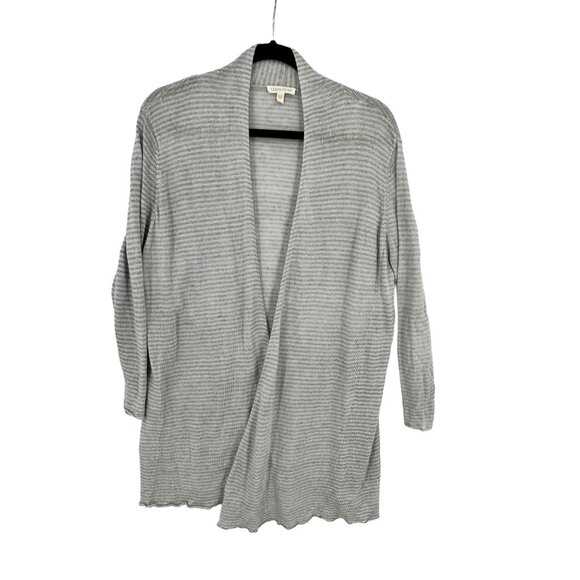 Women's Eileen‎ Fisher Open Cardigan Large Italy 100% Linen Gray White Stripe - Picture 1 of 9
